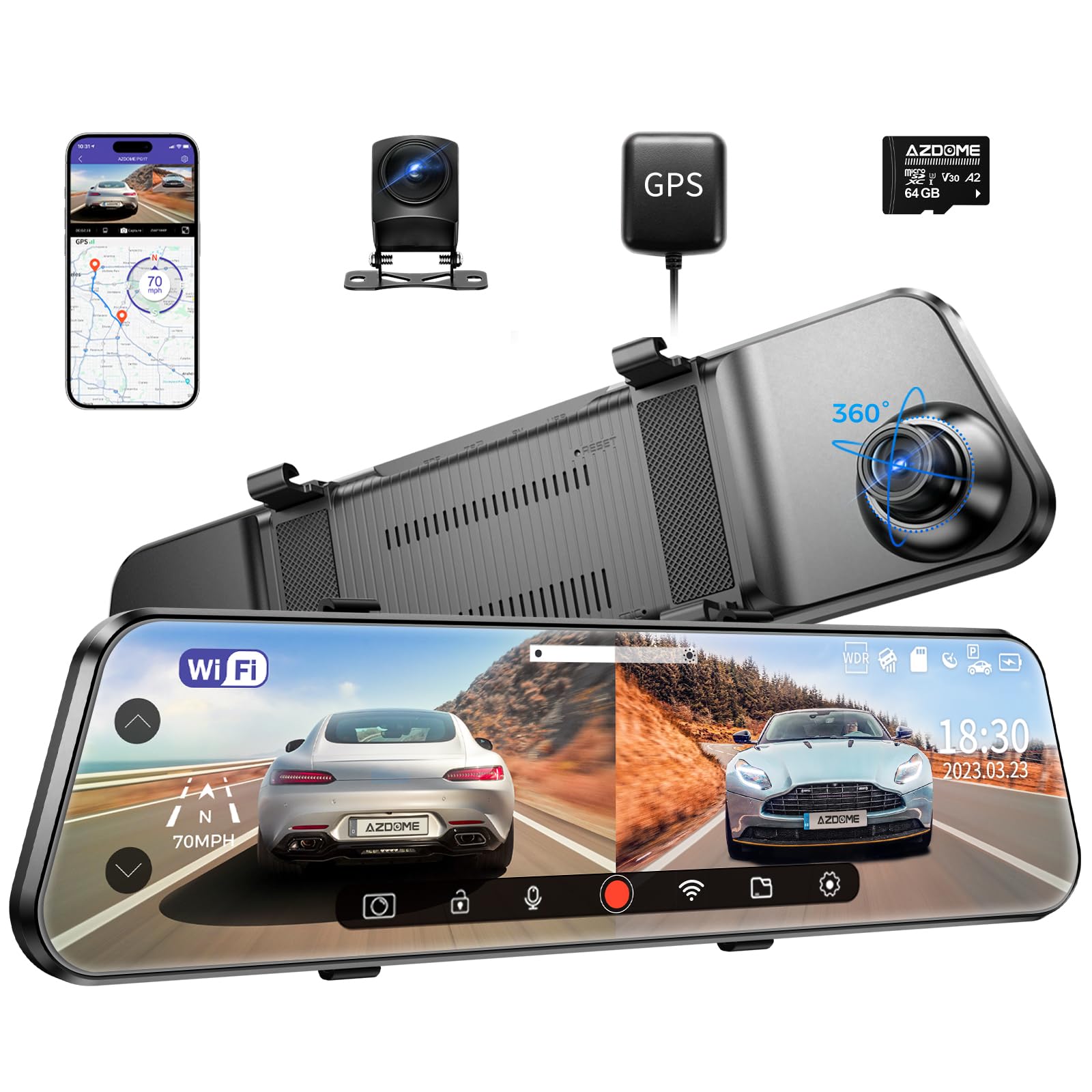 Photo 1 of AZDOME PG17 WiFi Rear View Mirror Camera, 12" Mirror Dash Cam, Dual Camera 2.5K Front and 1080P Rear Camera for Car, Free 64GB TF Card, Waterproof Backup Camera Night Vision, Parking Assistance GPS