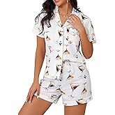 X-Image Women's Pajamas Shorts Sets 2 Piece Cute Bow Pj Set Short Sleeve Button Down Shirt Shorts Sleepwear Lounge Sets