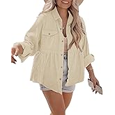 Ashuai Womens Corduroy Peplum Shacket Jacket Long Sleeve Button Down Babydoll Shirts Oversized Casual Blouses Tops