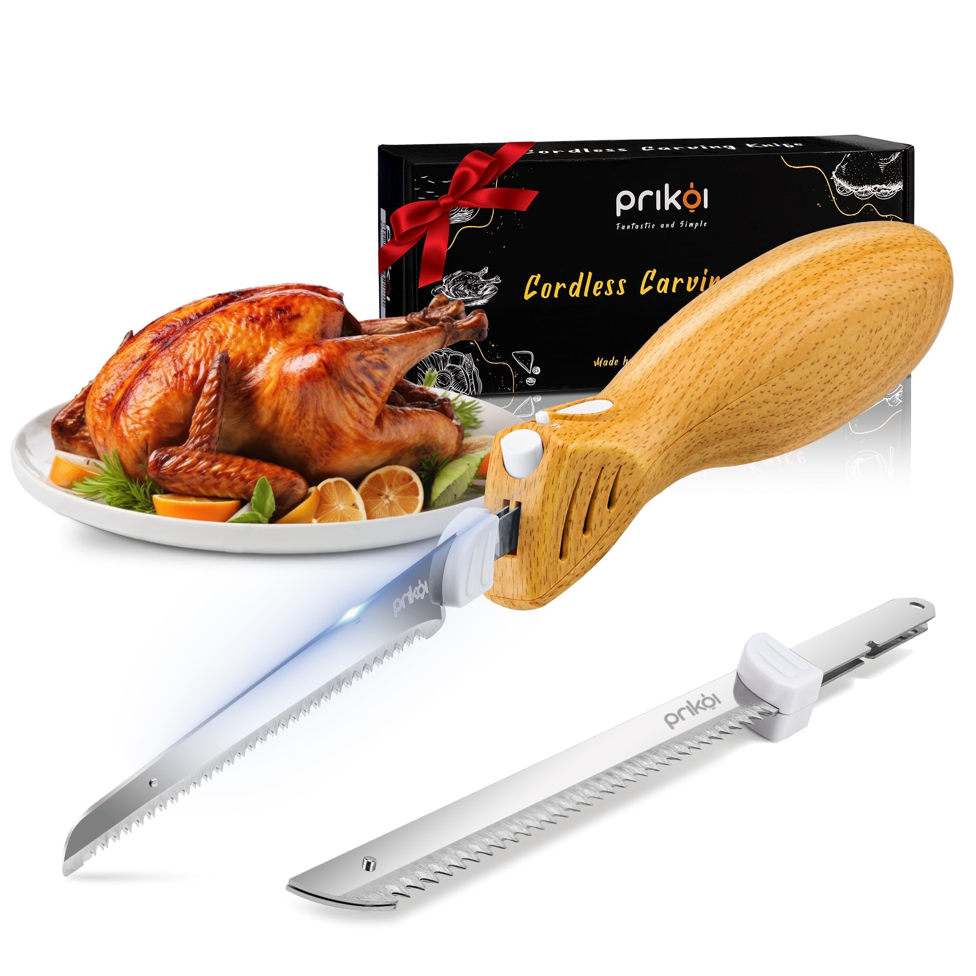 Photo 1 of Prikoi Cordless Electric Knife, Carving Knife Set, Easy-Slice Serrated Edge Blades for Meat, Turkey, Bread, Fillet, DIY, Ergonomic Handle + 2 Blades (New Upgrade)