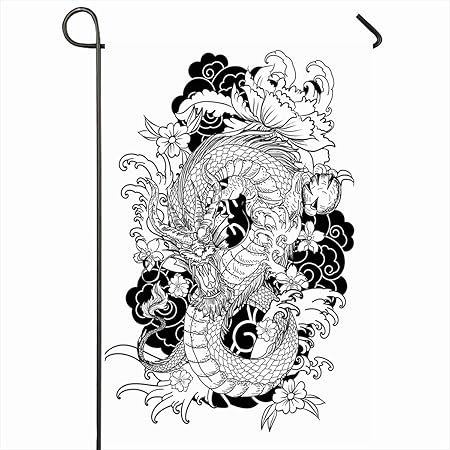 Amazon Com Ahawoso Outdoor Garden Flags 12 X18 Inch Ancient Red Dragon Tattoo Coloring Book Koi Wildlife Asian Painting Wave Line Design Page Vertical Double Sided Home Decorative House Yard Sign Garden
