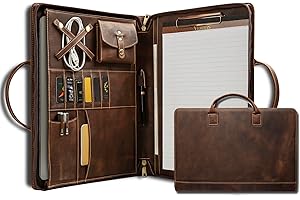 GZRHKJ Genuine Leather Portfolio, Padfolio Organizer with Handle, Personalized Padfolio，Padfolio with Zipper for Men Women，Suitable for 15-inch Laptop Legal Pad Padfolio, Dark Khaki