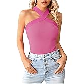 Bodosalia Women Criss Cross Halter Tank Top Solid Ribbed Sleeveless Shirts Summer Casual Basic Cami