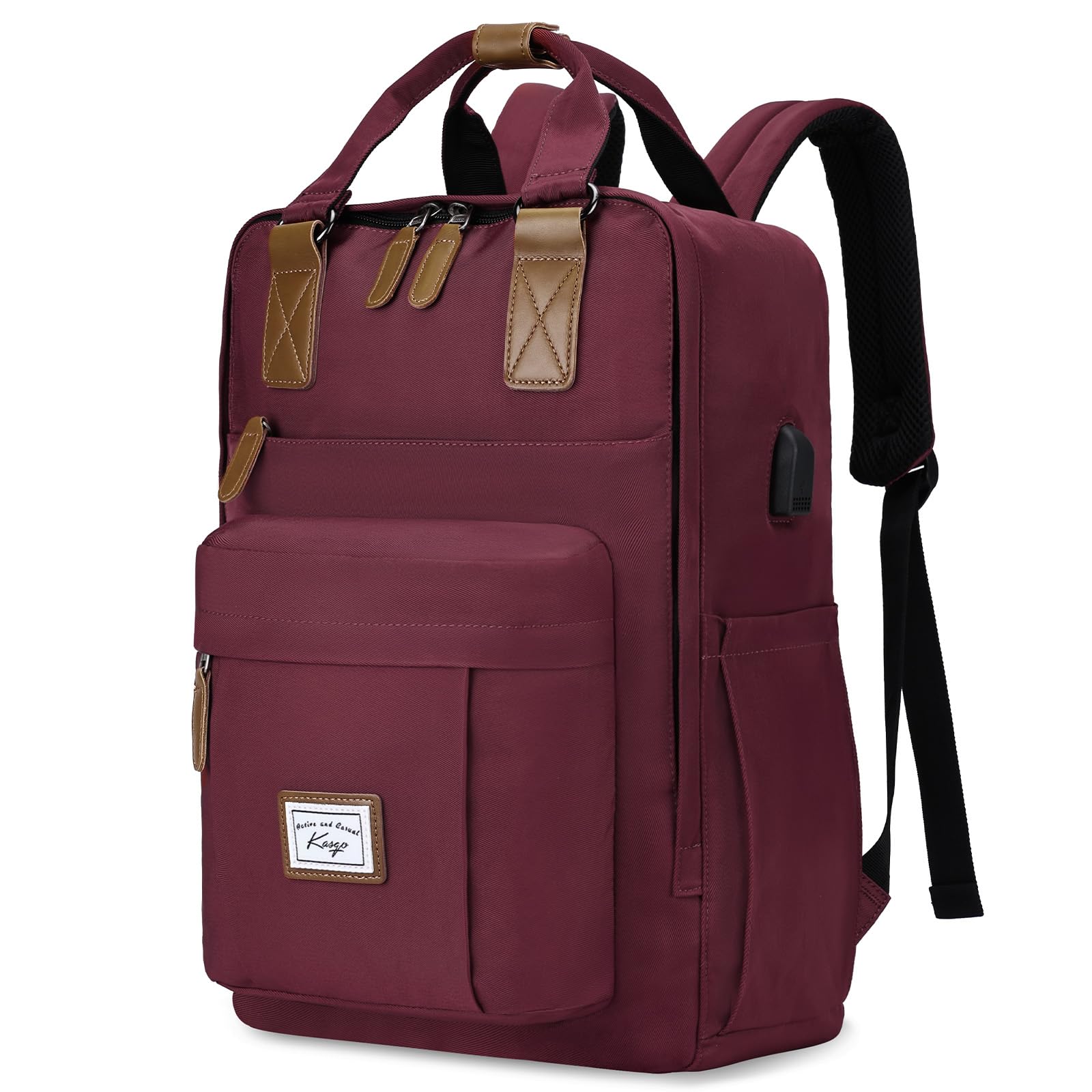 Kasgo Backpack for Women, Water Resistant Classic School Backpack 15.6 inch Laptop Rucksack with USB Charging Port Bookbag Casual Daypack for Teenagers Girls College Travel Work (Burgundy)