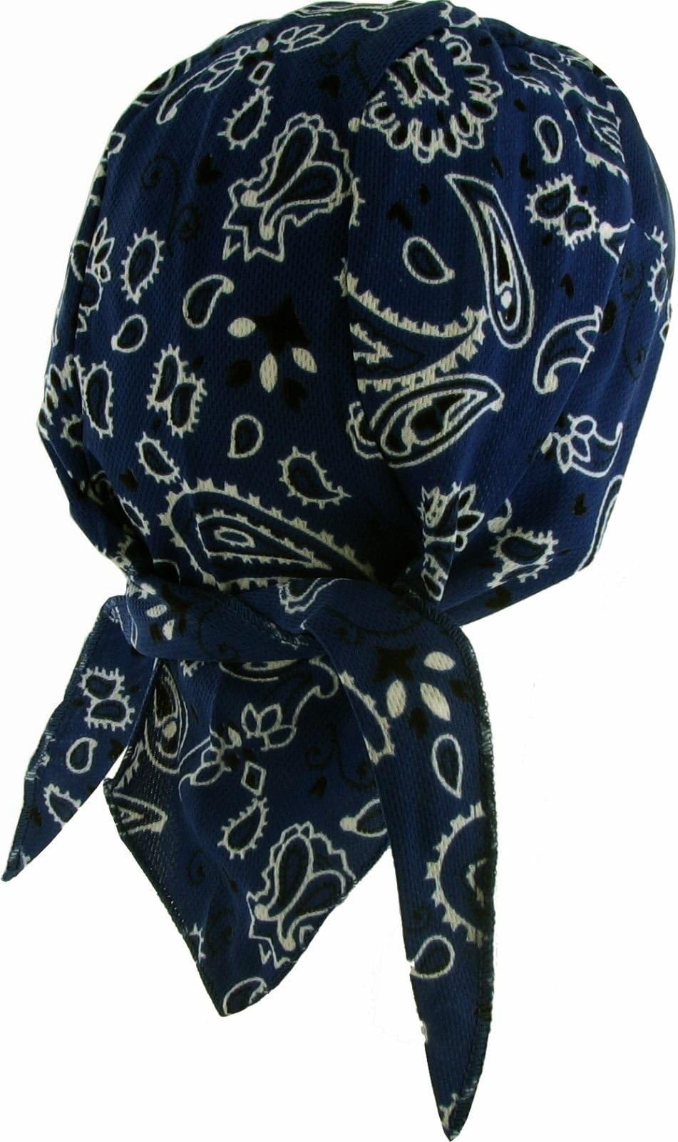 Skull Cap Navy Blue Paisley Sweatband Bikers Headwrap Durag Doo Rag Bandana Spandex