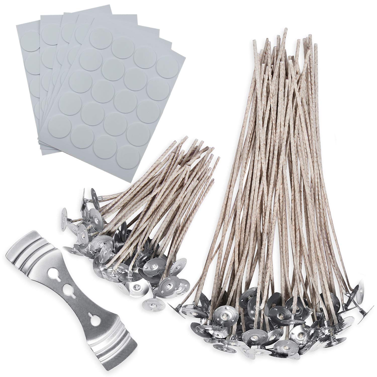 Candle Making Kit, SMALUCK 100 Pcs Pre-Waxed Candle Wicks with 100 Pcs Double-Sided Glue Dots Wick Stickers and 1 Pc Wick Holder Sustainer for DIY Candles(20 cm and 10 cm)