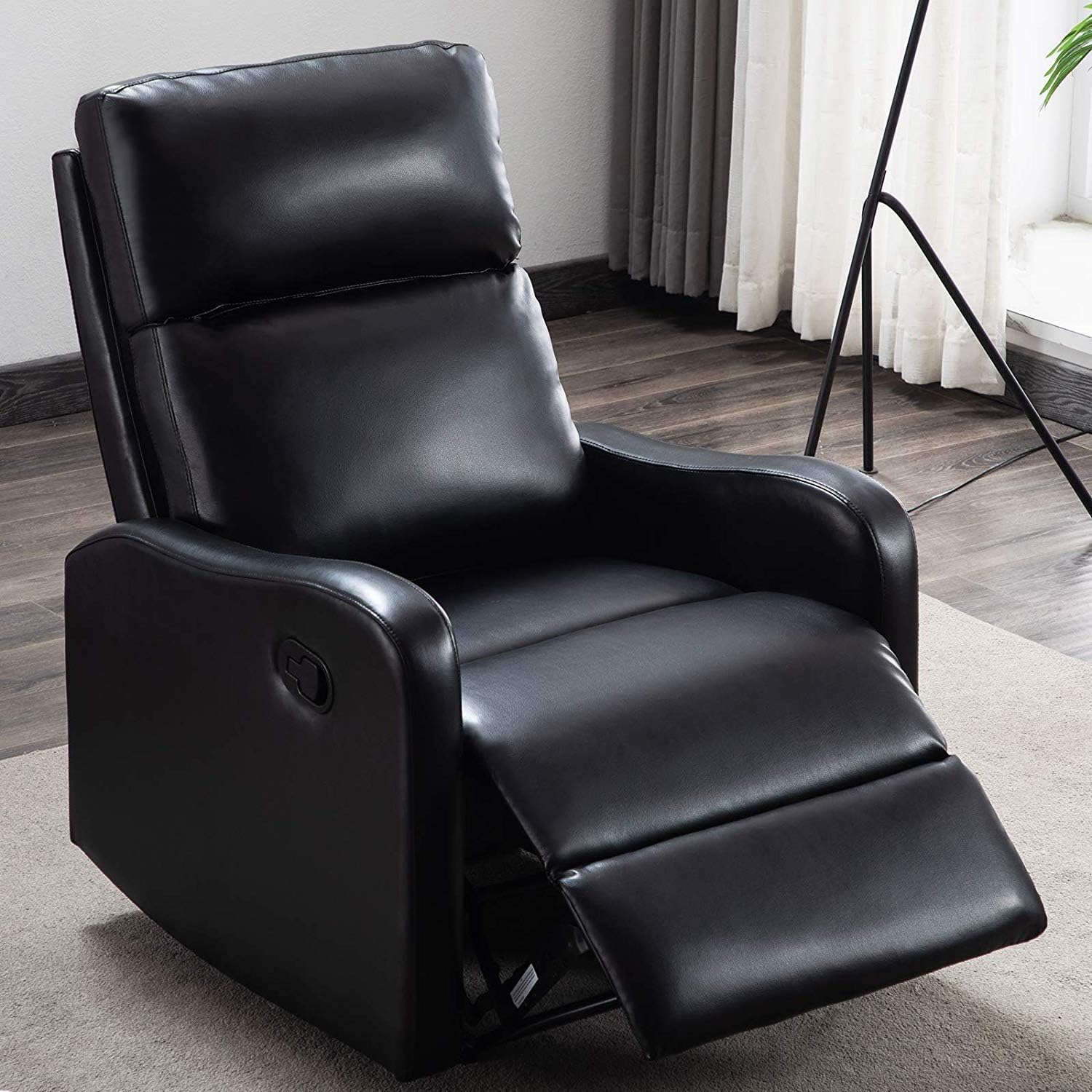 ANJ Recliner Chair for Living Room Manual Reclining Padded Seat Contemporary PU Leather Single Sofa Home Theater Seating (Black)