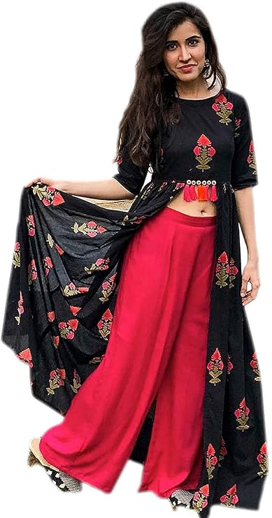 Women's Rayon Printed Kurti Shrug with Palazzo Pant Set (Ash-Bhooka peth, Black and Pink, Small Bust 36)