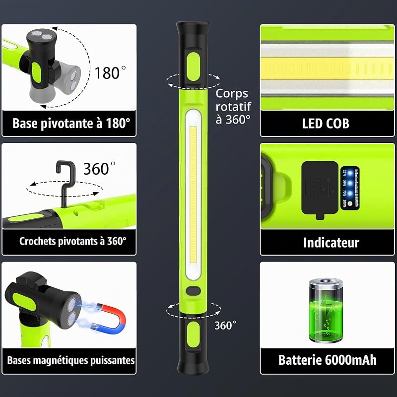 Lampe de Travail 3000LM, 6000mAh Baladeuse LED Rechargeable