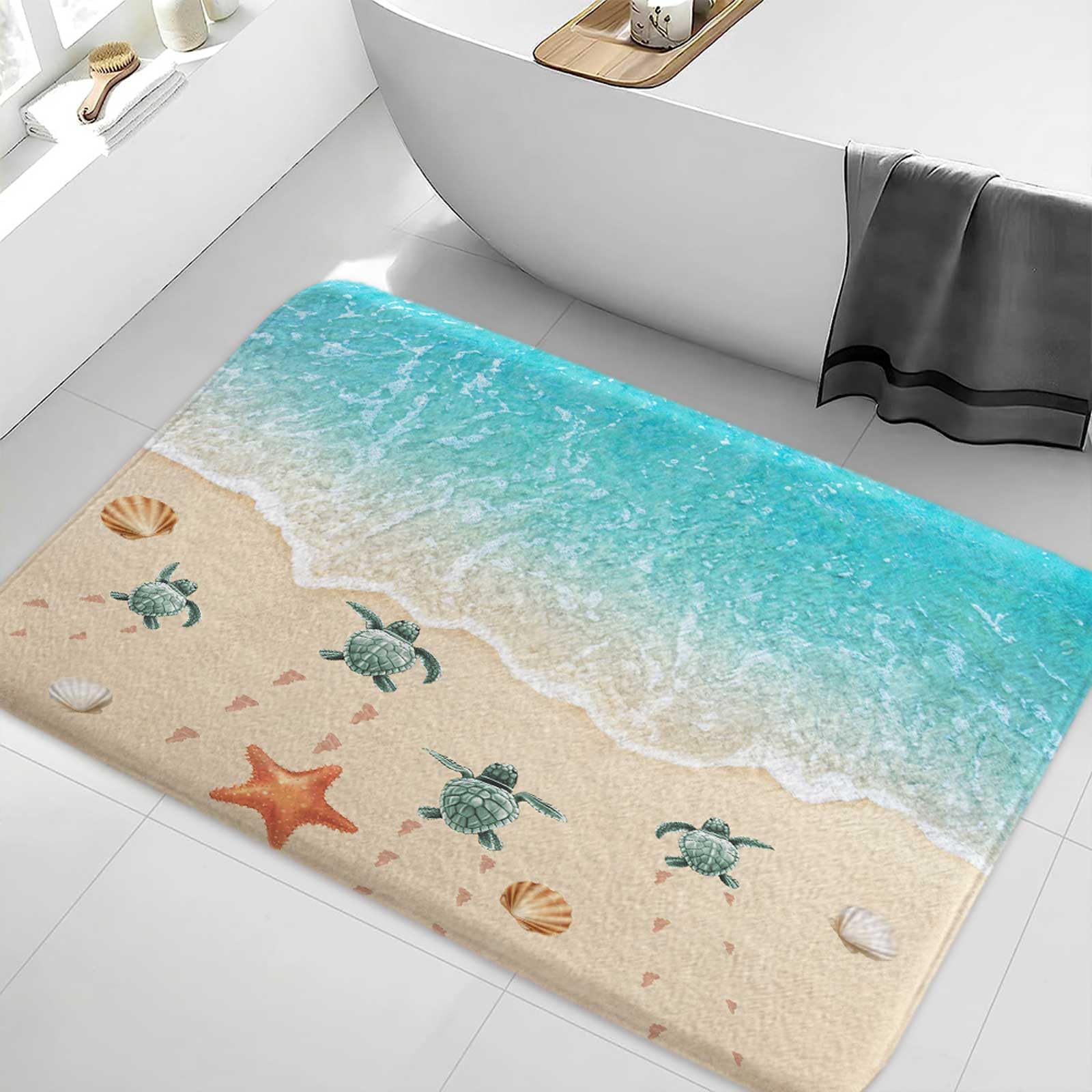 Photo 1 of Cute Ocean Bath Mat, Turtle Starfish Beach Teal Blue Bathroom Rugs, Absorbent Bath Rug Floor Rug Carpet for Bathroom Bedroom Living Room, 17 x 29 Inches