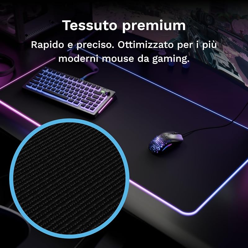 Gaming Musmatta GMP 2 GLED Large Extended – 2-Zones RGB-belysning, InfiniGlow sömlös kant, Premium tygyta, Halkfri gummibas – 915 mm×280 mm×3 mm – extra stor skrivbordsmatta