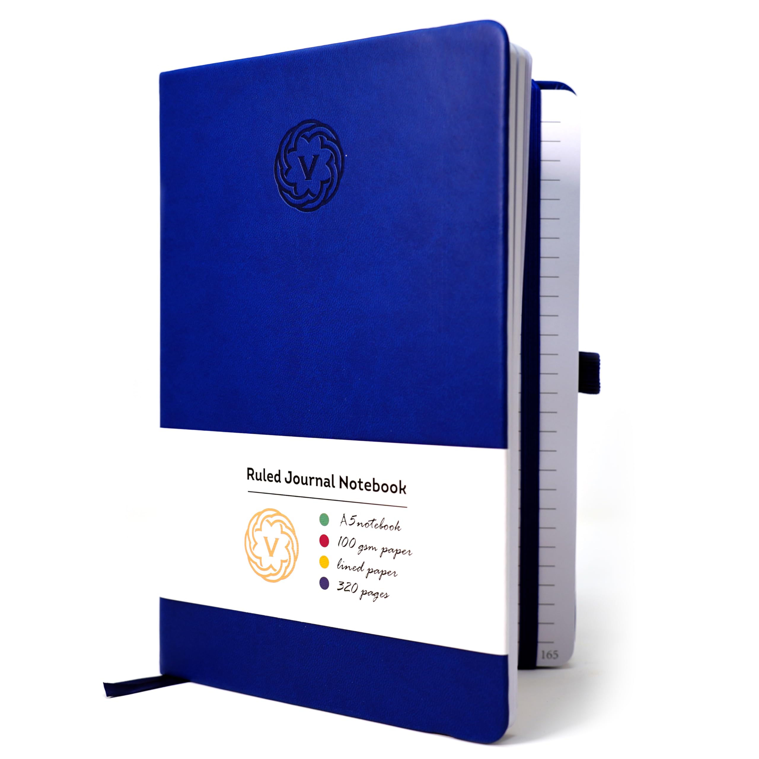 VABE UK A5 Journal Notebook Lined Notepad 320 Pages - 100gsm Hardcover Writing Notebook, Classic Casebound Lined Journal with Elastic Closure, Inner Pocket, Pen Loop & Sticky Notes (A5, Blue)