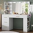 DWVO Vanity Desk with Mirror, Large Makeup Table with Power Outlets, 11 LED Bulbs, 3 Adjustable Light Modes, 4 Drawers and Built-in Shelves, Hollywood Dressing Vanity Desk Set for Bedroom, White