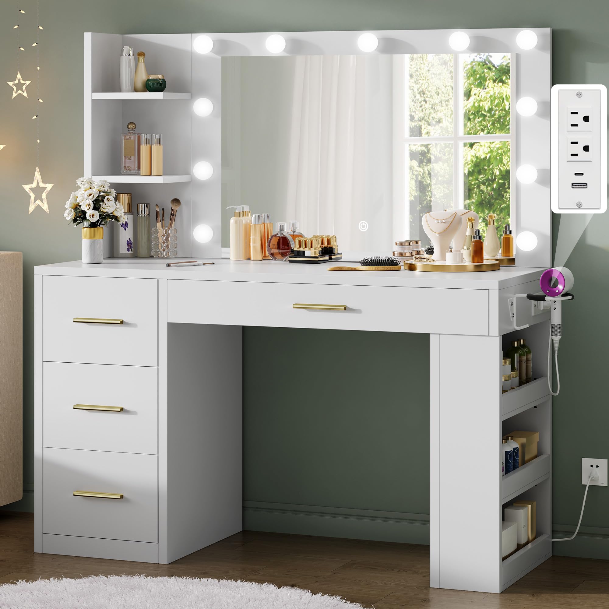 Photo 1 of *Missing Parts - Check clerk notes*
DWVO Makeup Vanity Desk with Mirror & Lights, 40inch Vanity Table with Power Outlets, 4 Drawers & 6 Open Storage Shelves, 3 Color Modes & Adjustable Brightness Dressing Table for Bedroom, White