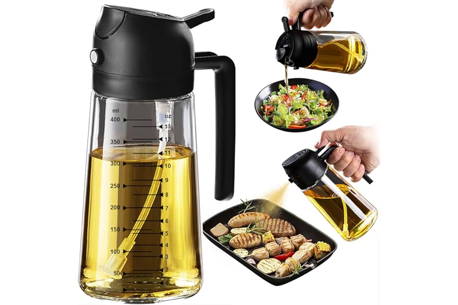 TrendPlain 16oz/470ml Glass Olive Oil Sprayer for Cooking – 2 in 1 Olive Oil Dispenser Bottle for Kitchen Gadgets and Air Fry Book