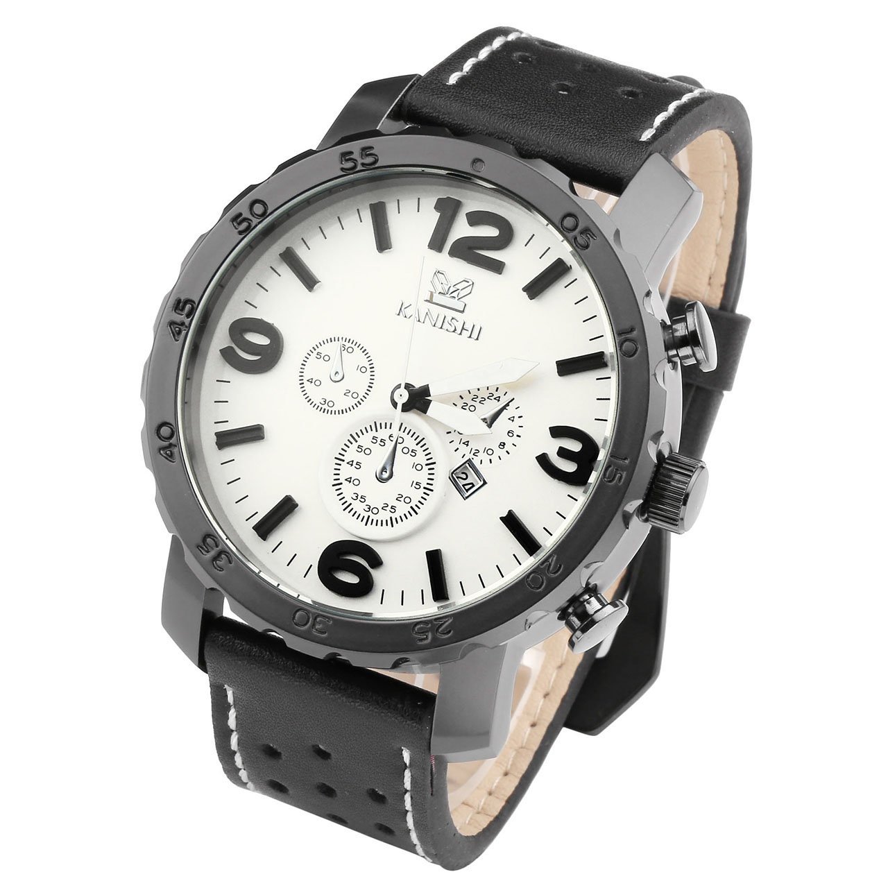 JSDDE Herren-Armbanduhr XL Uhren Herren Echtleder Band Kalenderuhr Traveler unecht Chronograph Analog Quarzuhr,Schwarz/Weiss