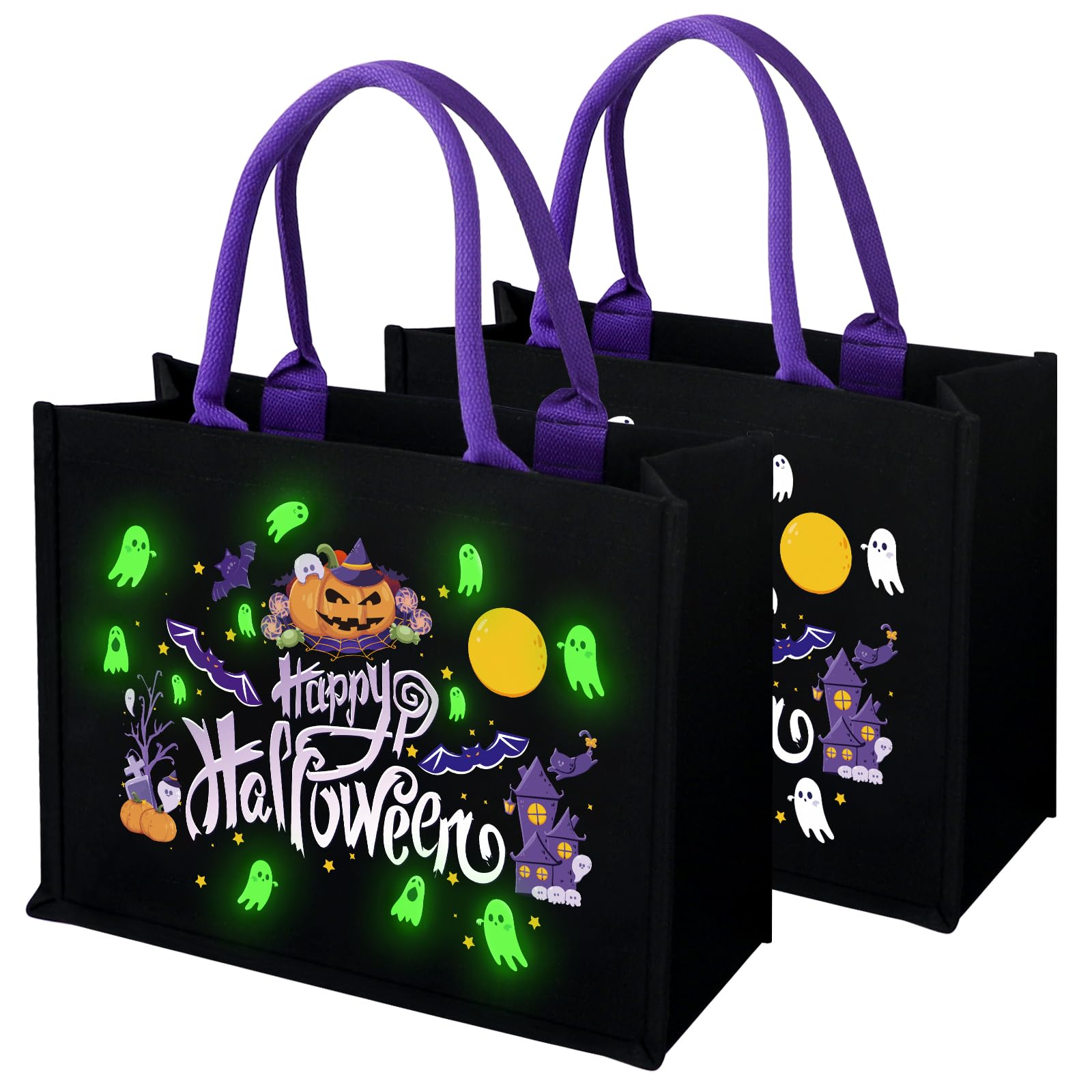 Photo 1 of 14'' Halloween Trick or Treat Bags, Glow in The Dark Halloween Candy Tote Bag with Handle, Canvas Trick or Treat Tote Bag, Reusable Candy Bags for Trick or Treating, Party (2PCS?