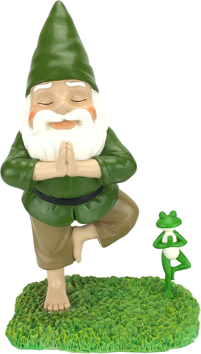 GlitZGlam Zen Gnome and Zen Frog - Tree Pose– Tranquility and Peacefulness for Your Fairy Garden and Garden Gnomes A Large 11” Inches Tall Miniature Gnome Figurine