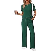 Ekouaer Lounge Sets for Women 2 Piece Matching Travel Outfits 2026 Loose Short Sleeve Top Wide Leg Pants Pockets