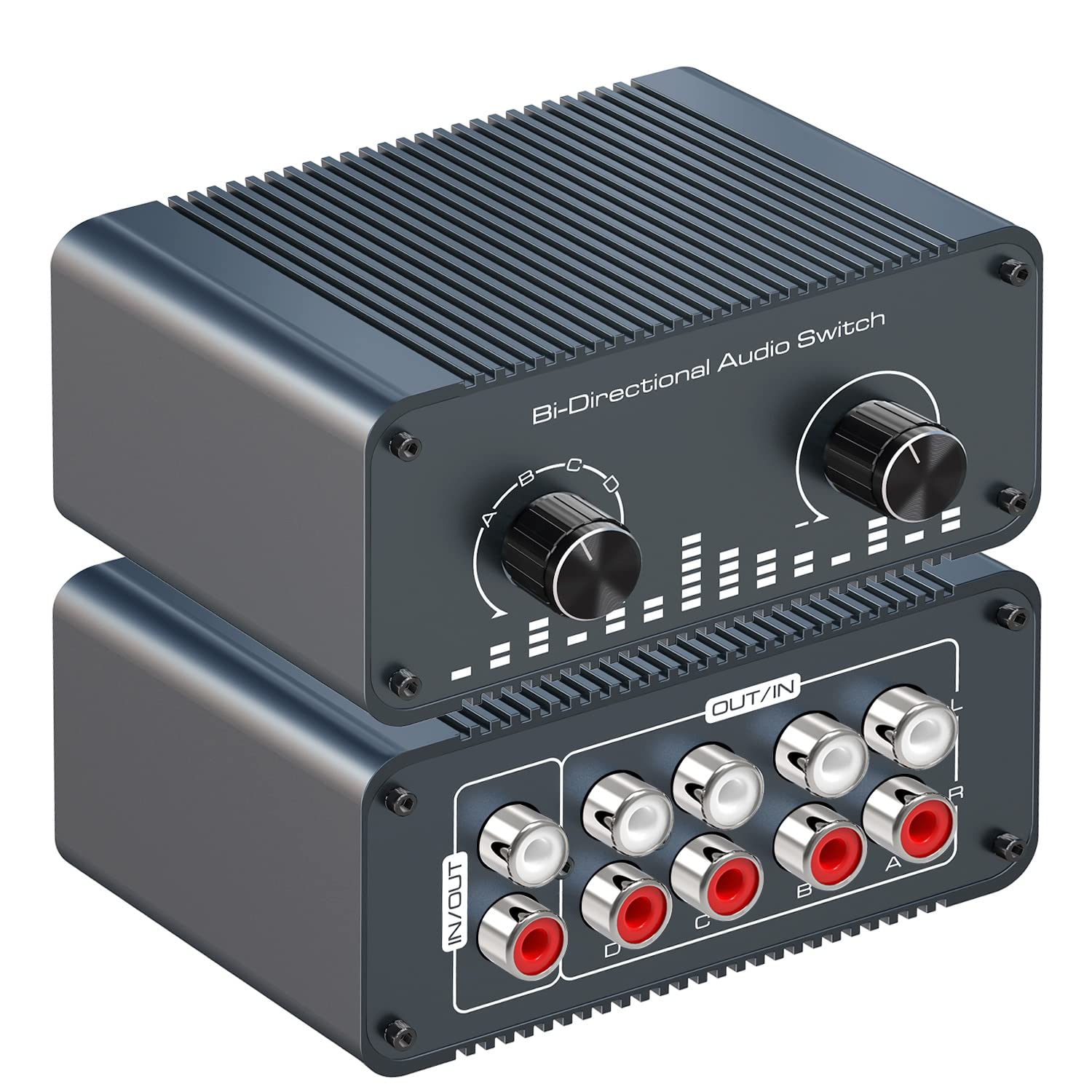Tendak Bi-Directional RCA L/R Audio Switch Selector 4 In 1 Out / 1 In 4 Out Noiseless Analogue Stereo Audio Switcher with Volume Control, Sound Distribution Splitter Box for Speakers Headphones PC