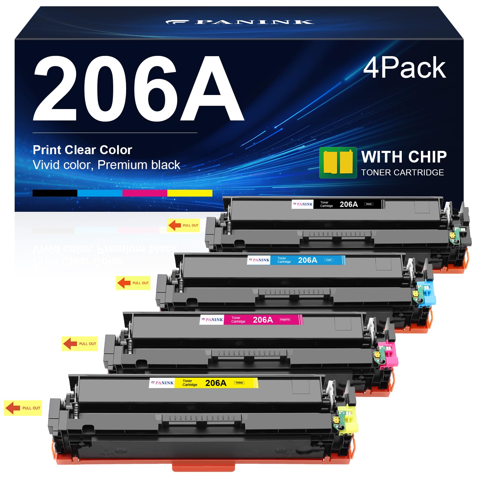 Photo 1 of PANINK Compatible 206A Toner Cartridges Replacement for 206A 206X W2110A W2110X Toner Cartridge HP Set for HP Color Pro MFP M283fdw M283cdw Pro M255dw M283 M255 Printer (4 Pack,with Chip)