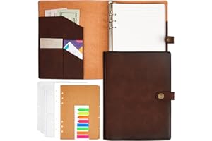 AmazingSpark A5 Genuine Leather Binder 6 Ring with Pockets, Dividers, Refill Paper, Inserts, Refillable Planner Binder Leather Refillable Journal Notebook for Men Women, Brown