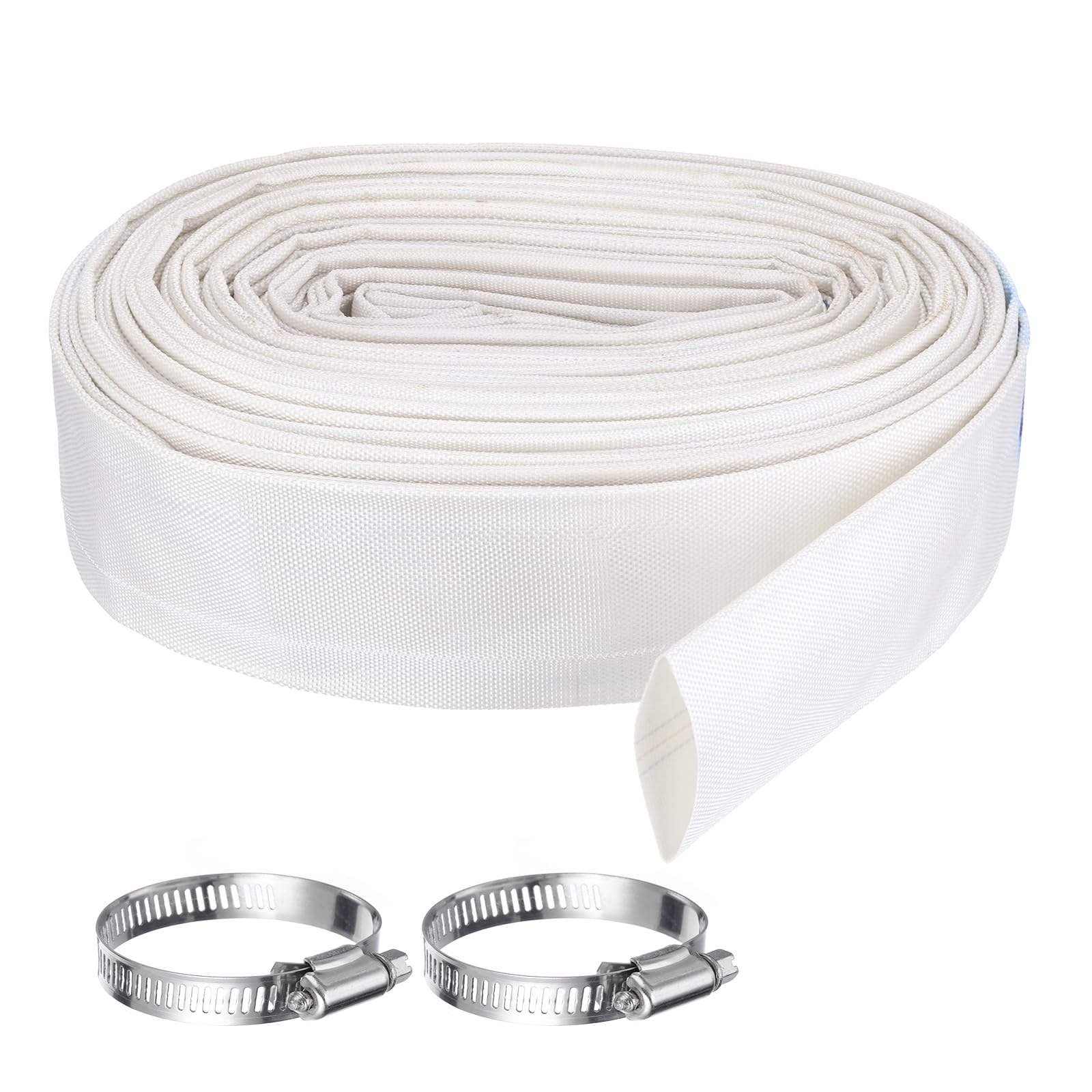 Rebower Pool Backwash Hose, 2 Inch x 98.4ft Reinforced Drain Hose PVC Lay Flat Water Discharge Pump Hoses for Pool Filter Swimming Pump, with 2pcs Clamps, White