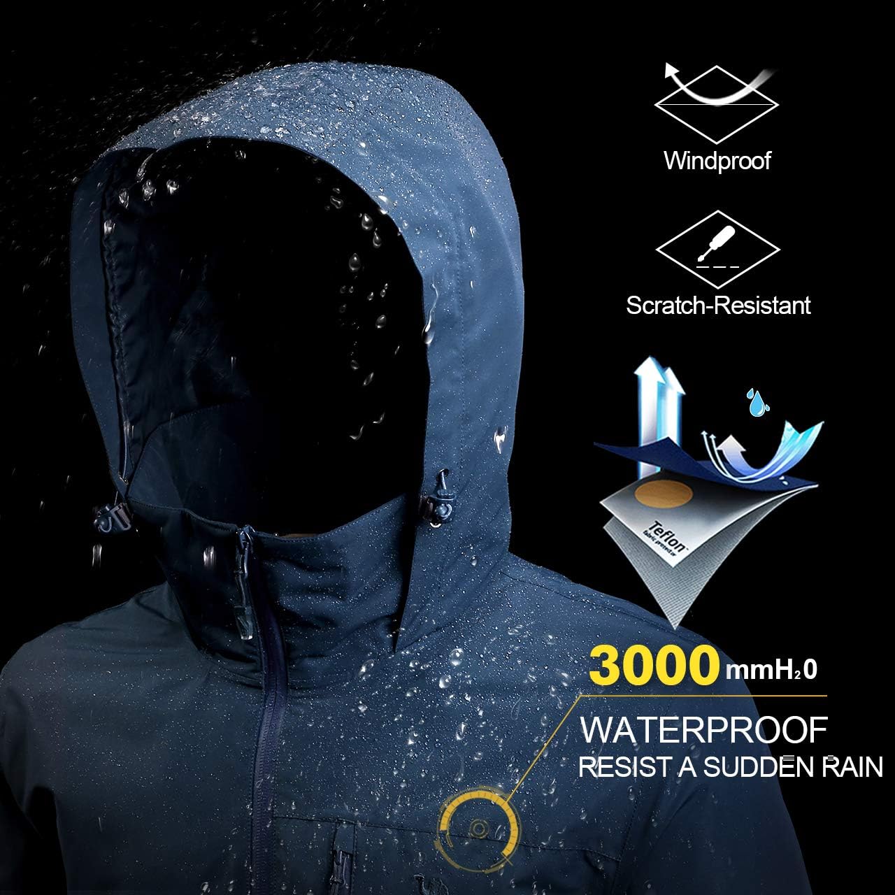 CAMEL Men's Lightweight Rain Jacket Waterproof Raincoat Windbreaker Hooded Active Outdoor Shell Jacket for Hiking Work: Clothing