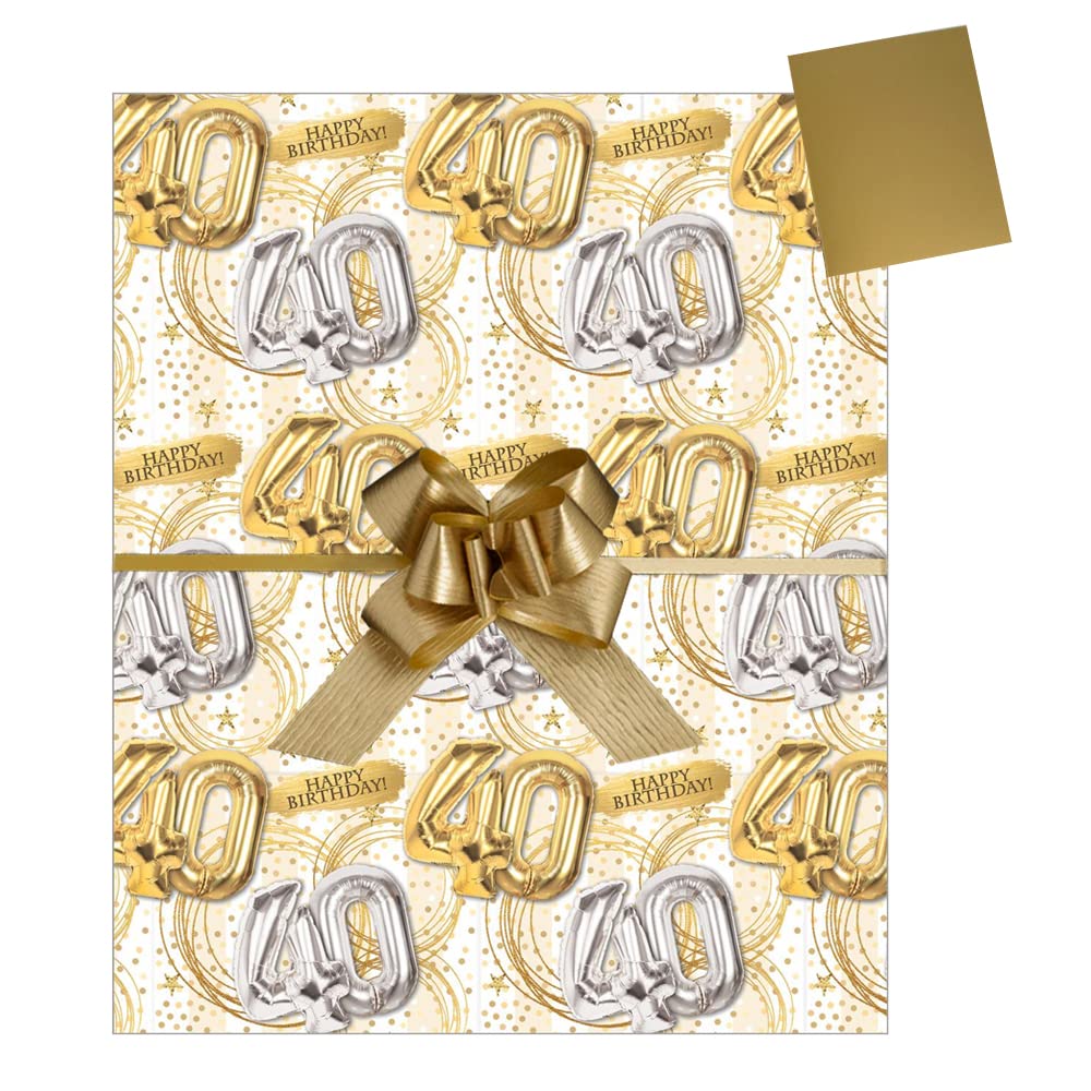 Giftwrap 40th Birthday Gift Wrap Pack, 2 Sheets Wrapping Paper, 2 Gold Tags and 2 Gold Pull Bows, Packaged in an A4 Boarded Envelope for Protection. Male Female Forty Gift Present