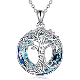 YONFQE Tree of Life Necklace Sterling Silver Family Tree Pendant Austrian Crystal Jewelry Gifts for Women