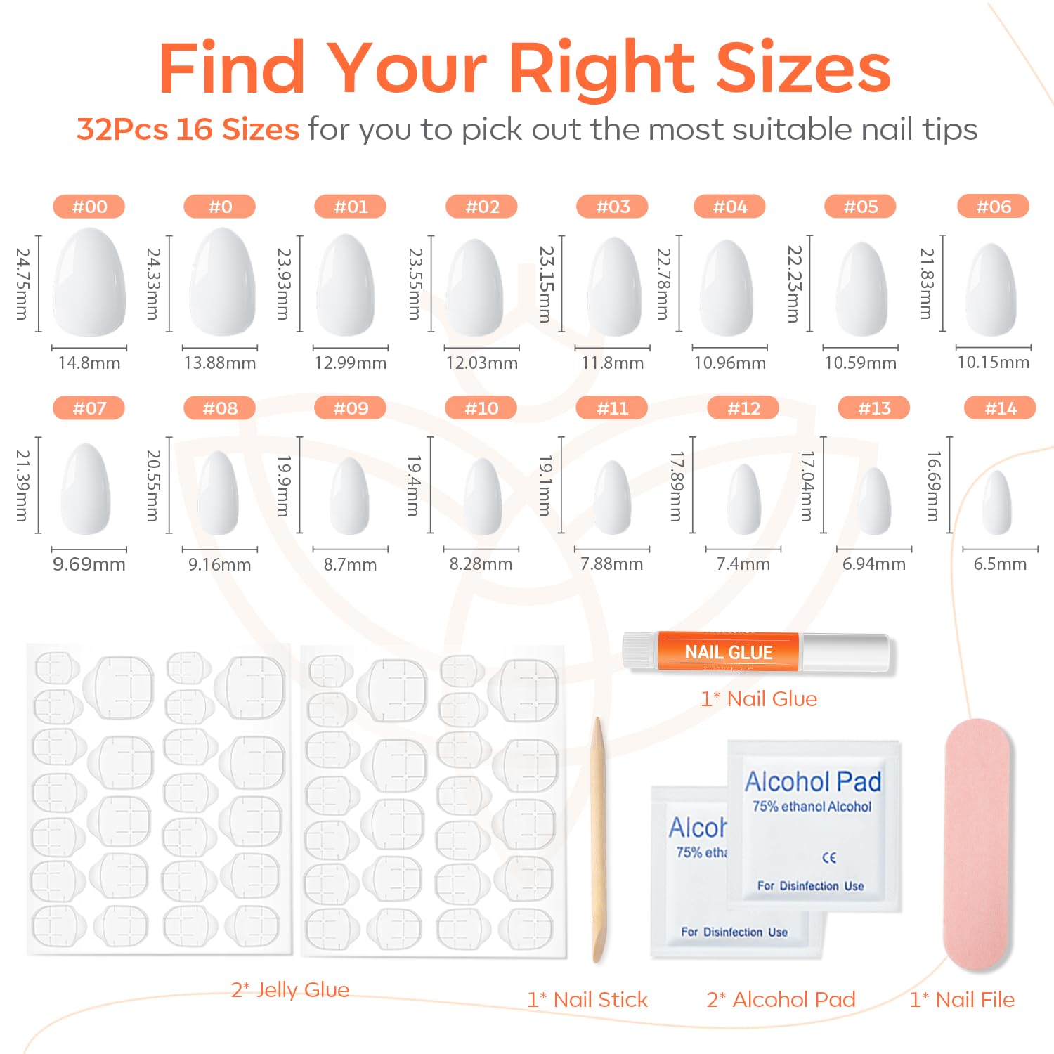 Modelones White Press on Nails Almond, Short Almond Fake Nails, Reusable Nail Kit with Nail Glue Adhesive Tabs Mini Nail File, Nails Press Ons 32Pcs 16 Sizes, Women Girl Gift - Image 5