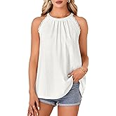 Rooscier Women's Halter Tank Top Loose Fit Sleeveless Cami Pleated Cami Shirt White Medium