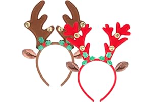 ATESSON 2 Reindeer Ears Headband with 4 bells, Christmas Headband Reindeer Hair Hoop Headwear for Children and Adults