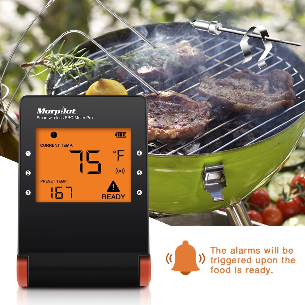 Grillthermometer mit, Morpilot Bratenthermometer Garten Digital Thermometer mit großem LCD-Display, 4 Edelstahl Temperaturfühlern, App für Grillen, Backen, Ofen Kochen Steak