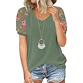 MIHOLL Women's Lace Short Sleeve V Neck Shirts Loose Casual Tops Tee Shirt