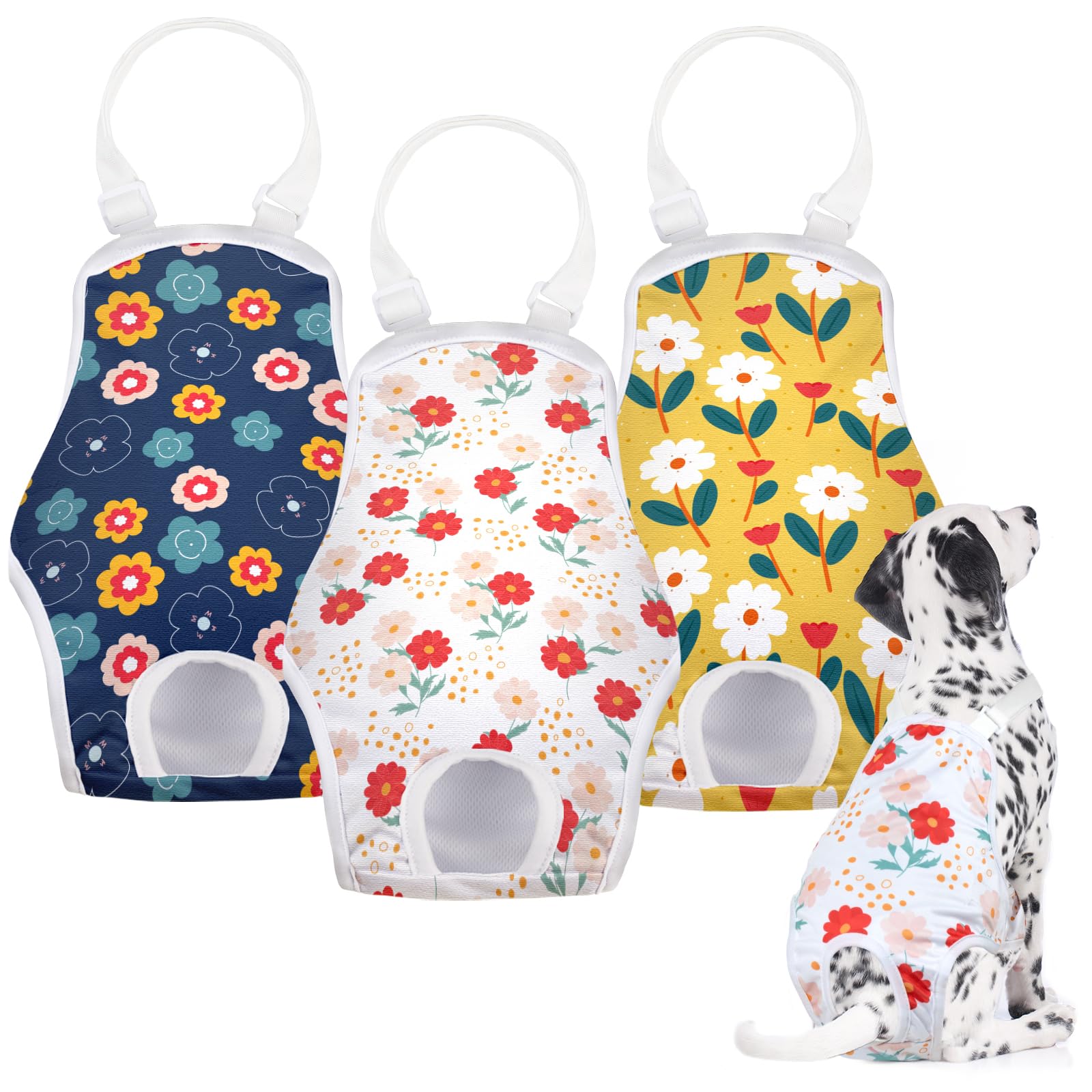 MICOOYO Dog Period Pants 3 Pack, Reusable Dog Nappies Female with Adjustable Suspender, Washable Sanitary Pants for Female Dogs Cats Puppy(Flowers, L)