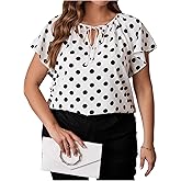 WDIRARA Women's Plus Size Polka Dots Blouse Tie Neck Ruffle Short Sleeve Tops Shirts