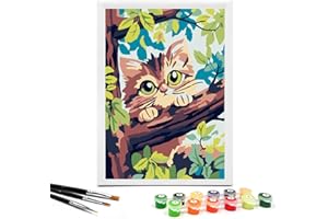Nariolar Paint by Numbers for Kids Ages 4-8 with 7X9.5 inch Pre-Printed Cardboard,12 Acrylic Paint Pots and 3 Painting Brushes, Craft Gift Room Decor for Children,(Cute Kitten)