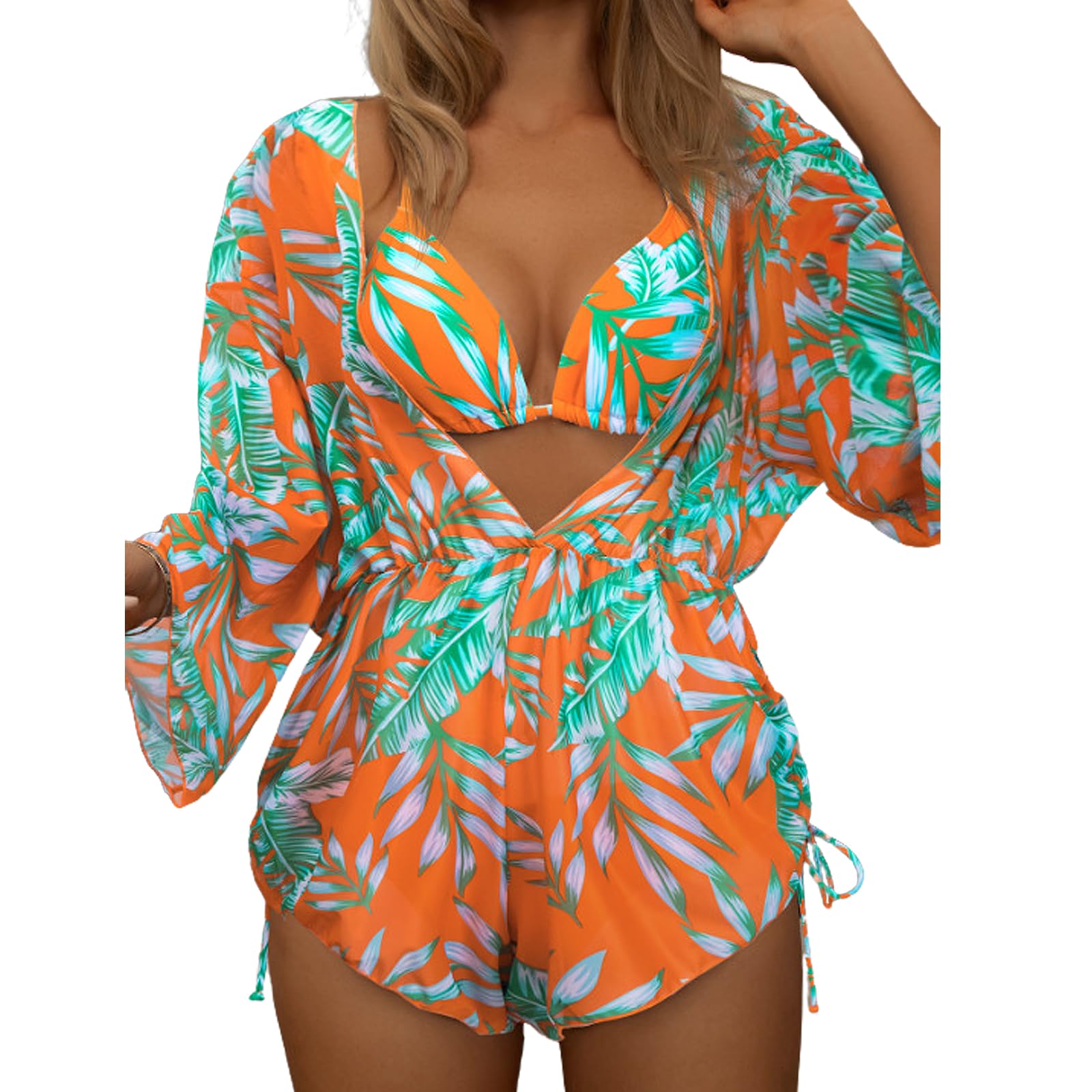 Photo 1 of Bolsamila Women's Sexy 3 Piece Swimsuits Tropical Swimwear Halter Triangle Bathing Suit with Beach Cover Up Orange X-Large