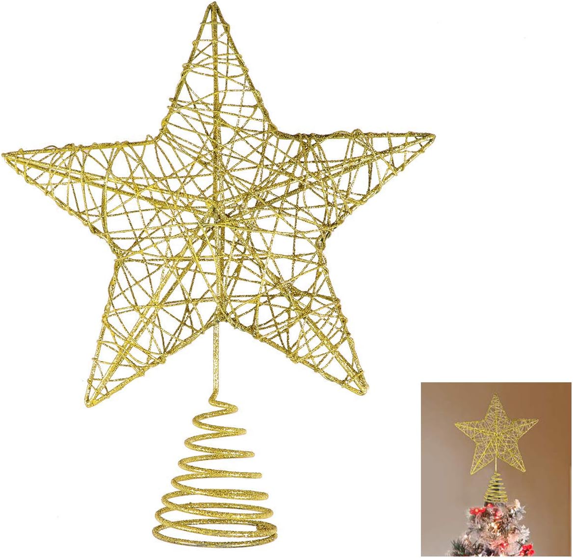 Tree Toppers - Unomor Christmas Star Tree Toppers – Gold Glittered Metal Hallow Design 10 Inch Tree Topper Star for 6ft to 7ft Christmas Tree