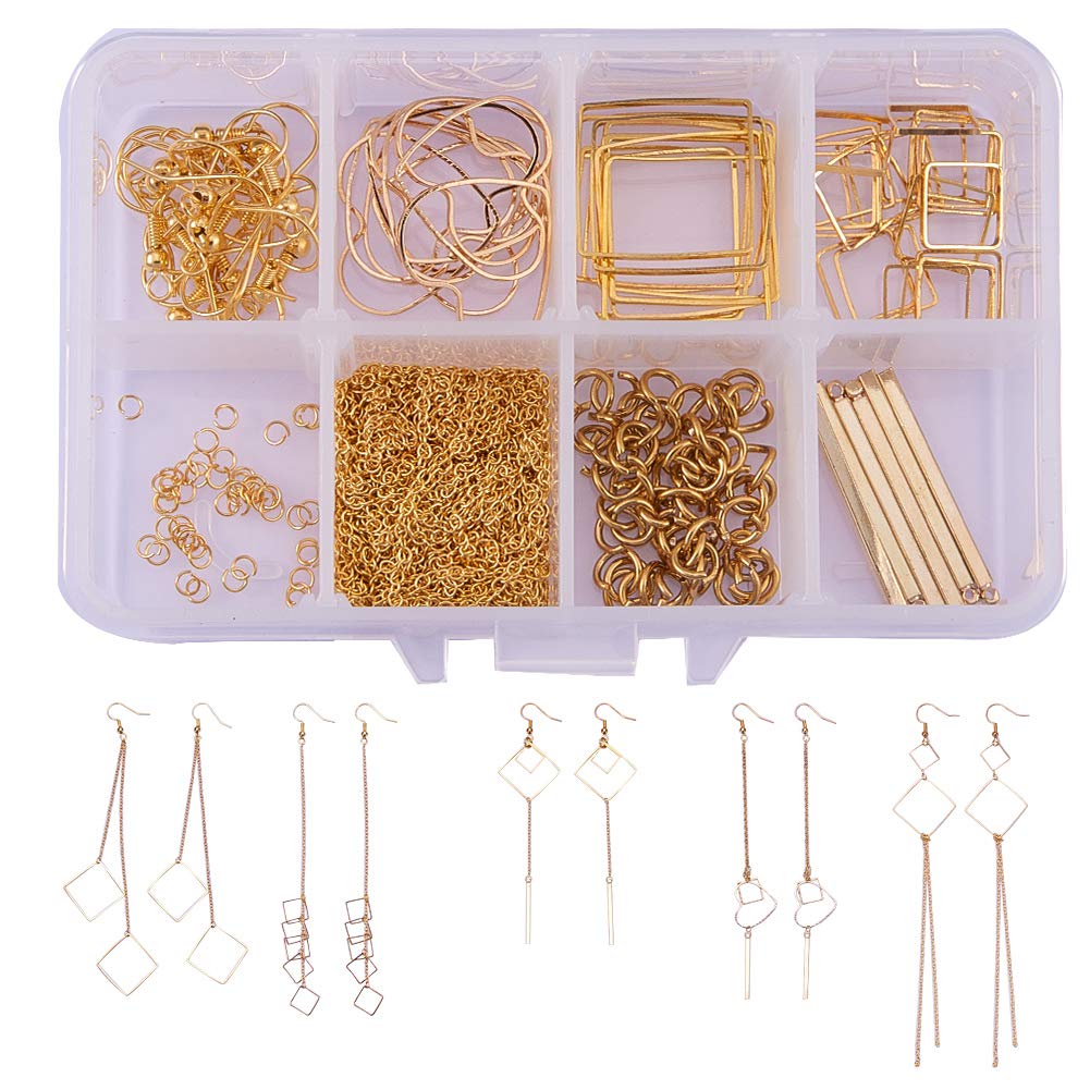 SUNNYCLUE 1 Box DIY 10 Pairs Geometric Hollow Squares Earrings Making Starter Kit Classic Drop Dangle Long Tassel Chain with Earring Hooks jewellry Making Supplies Craft for Beginners, Golden
