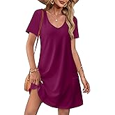 OFEEFAN Summer Dresses for Women 2025 Loose V Neck Short Sleeve Casual T Shirt Dress Sundresses Swimsuit Coverup with Pockets