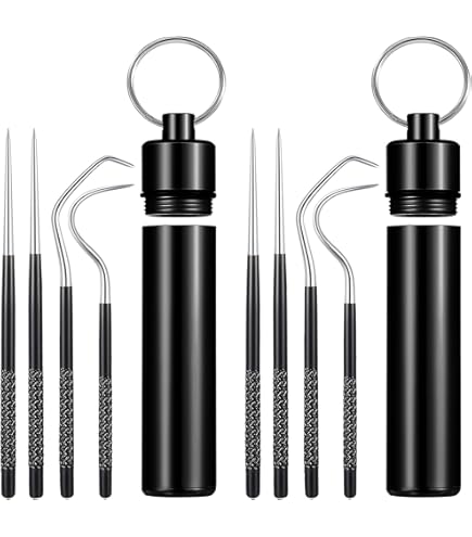 6 Palillos De Dientes Reutilizables Portátiles De Acero Inoxidable Raspador De Dientes De Metal Púas Dentales Ganchos Kit De Limpieza Con Soporte De Palillos De Dientes