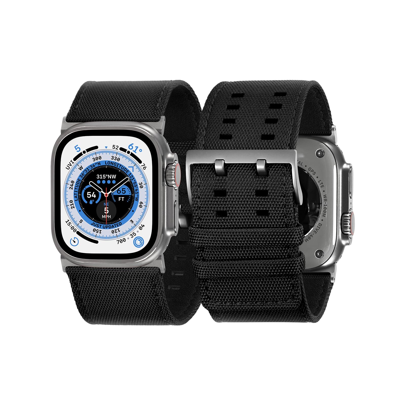 Tefeca Dual Series Replacement Watch Straps with Apple Watch/Ultra, Black Sailcloth with Silver Adapters, 49/45/44/42mm — image 1