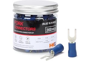 HKS 200PCS Insulated Fork Spade Wire Connectors - Blue 16-14 AWG M4 Stud Size #8 - Tinned Red Copper - U-Type Electrical Crimp Terminals