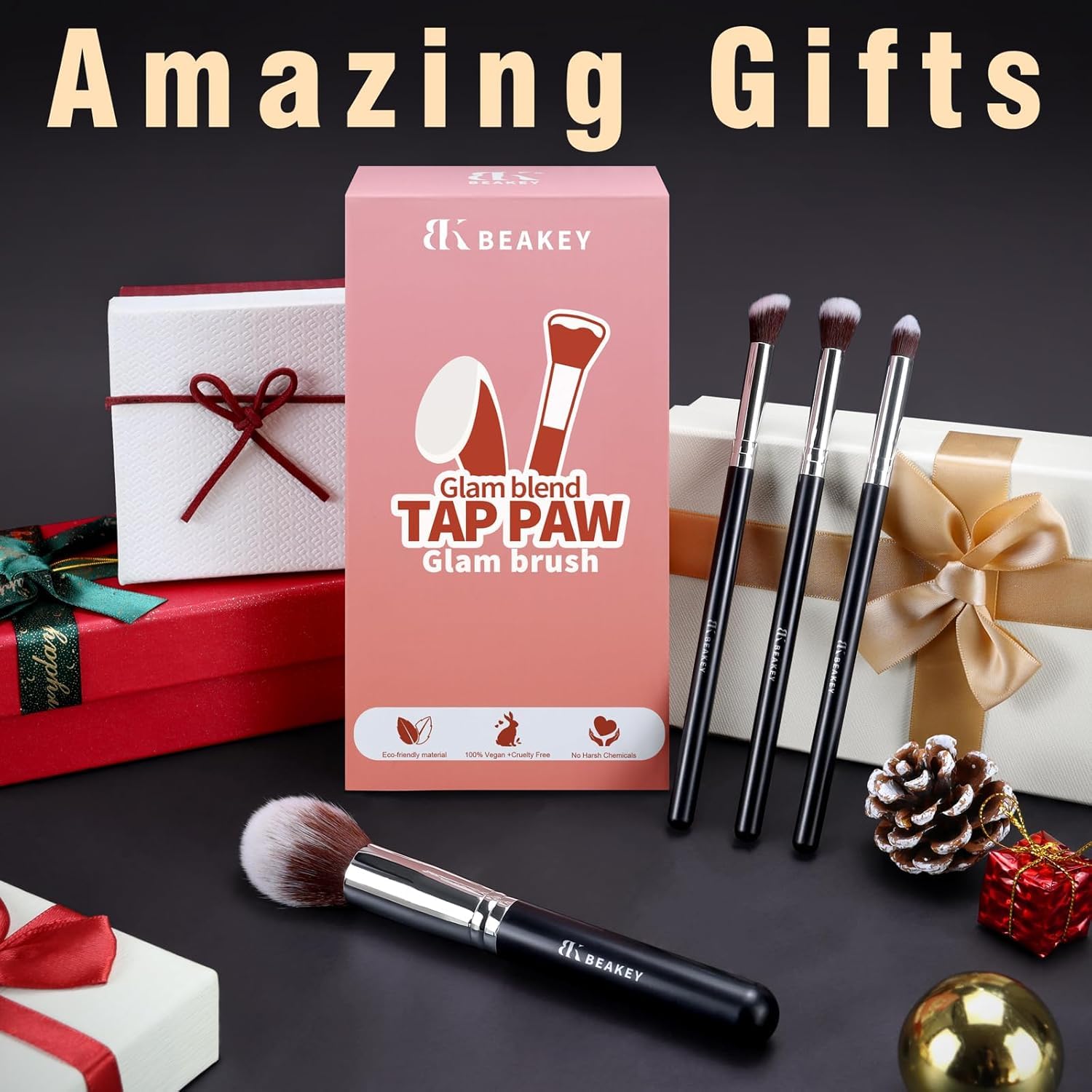 BEAKEY Makeup Brushes Set, Professional Foundation Eyeshadow Concealer Blush Powder Bronzer Applicator, 2 Blender Sponge with Beauty Paper Case stocking stuffers