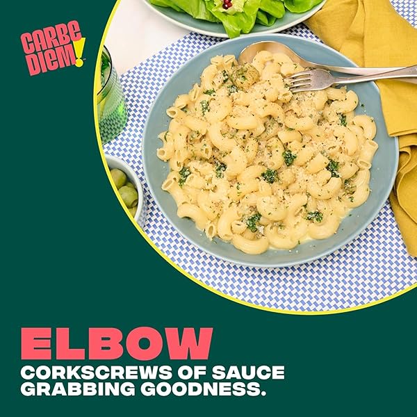 CARBE DIEM!, ELBOWS, LOWER NET CARB PASTA WITH TRADITIONAL FLAVOR & TEXTURE, 8 GRAMS OF PROTEIN, 55% FEWER NET CARBS & ONLY 110 CALORIES PER SERVING