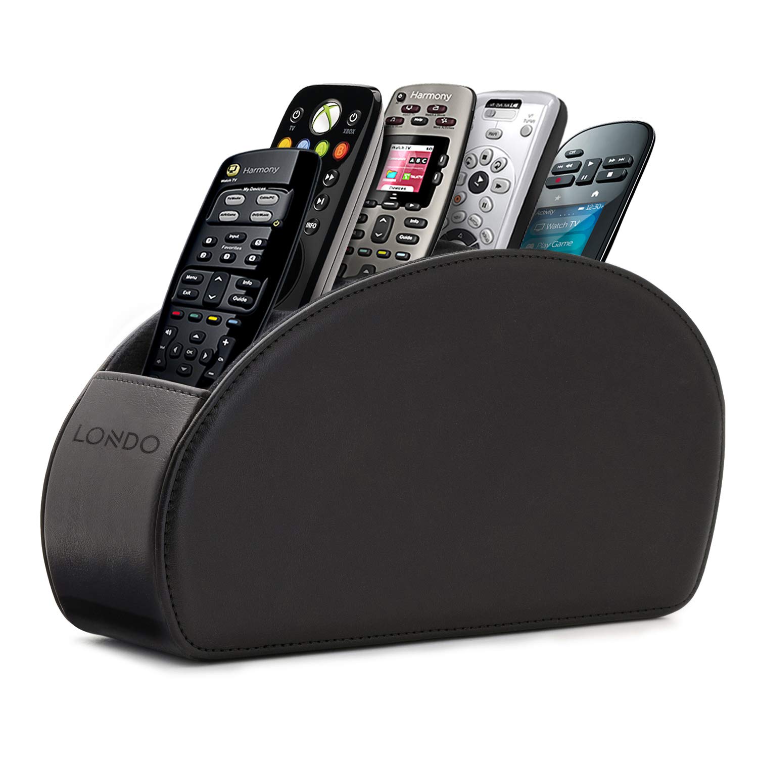 LONDO Remote Control Holder with 5 Pockets - Store DVD, Blu-Ray, TV, Roku or Apple TV Remotes - PU Leather with Suede Lining - Slim, Compact Living or Bedroom Storage