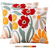 IcosaMro Pack of 2 Embroidered Floral Decorative Throw Pillow Covers 18x18 Inches Seasonal Boho Embroidery Pillow Cases for Outdoor Couch Sofa Bedroom Living Room Cotton Cushion Covers