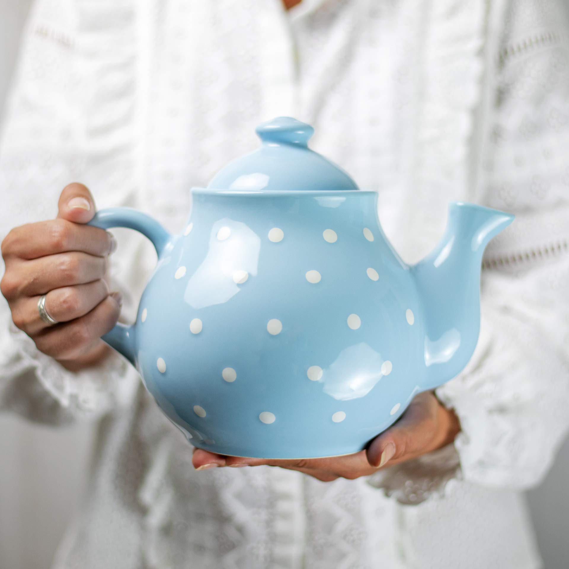 City to Cottage Ceramic 60 oz Teapot, Large Tea Pot for Bloomig and Loose Tea Leaf, Handcrafted Premium Teaware, Sky, Baby Blue Polka Dot Tea Pot for (5-6 Cups) Serving Tea, Teapot for Tea Lovers